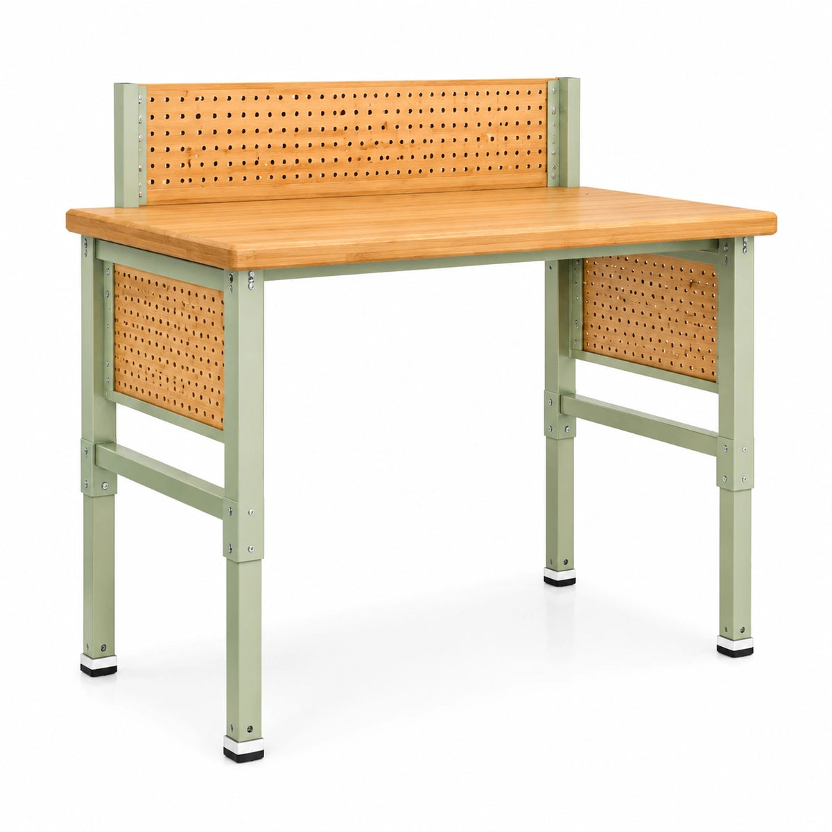 Établi 120 x 60 x 145 cm en bois naturel et acier vert avec panneau perforé