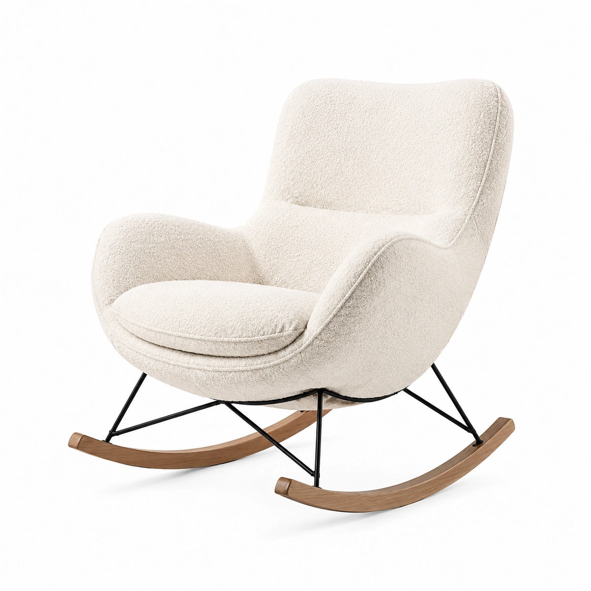 Fauteuil à bascule 75 x 95 x 105 cm en tissu bouclette écru avec piètement bois métal style contemporain