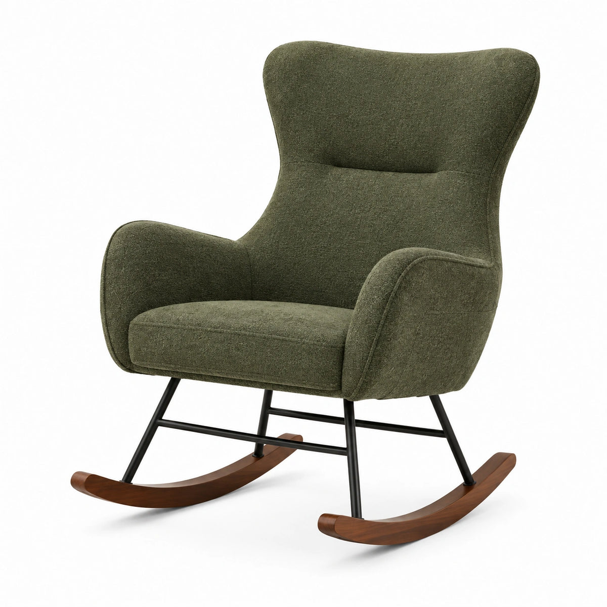 Fauteuil à bascule 75 x 92 x 105 cm en tissu vert avec structure métal et bois style enveloppant