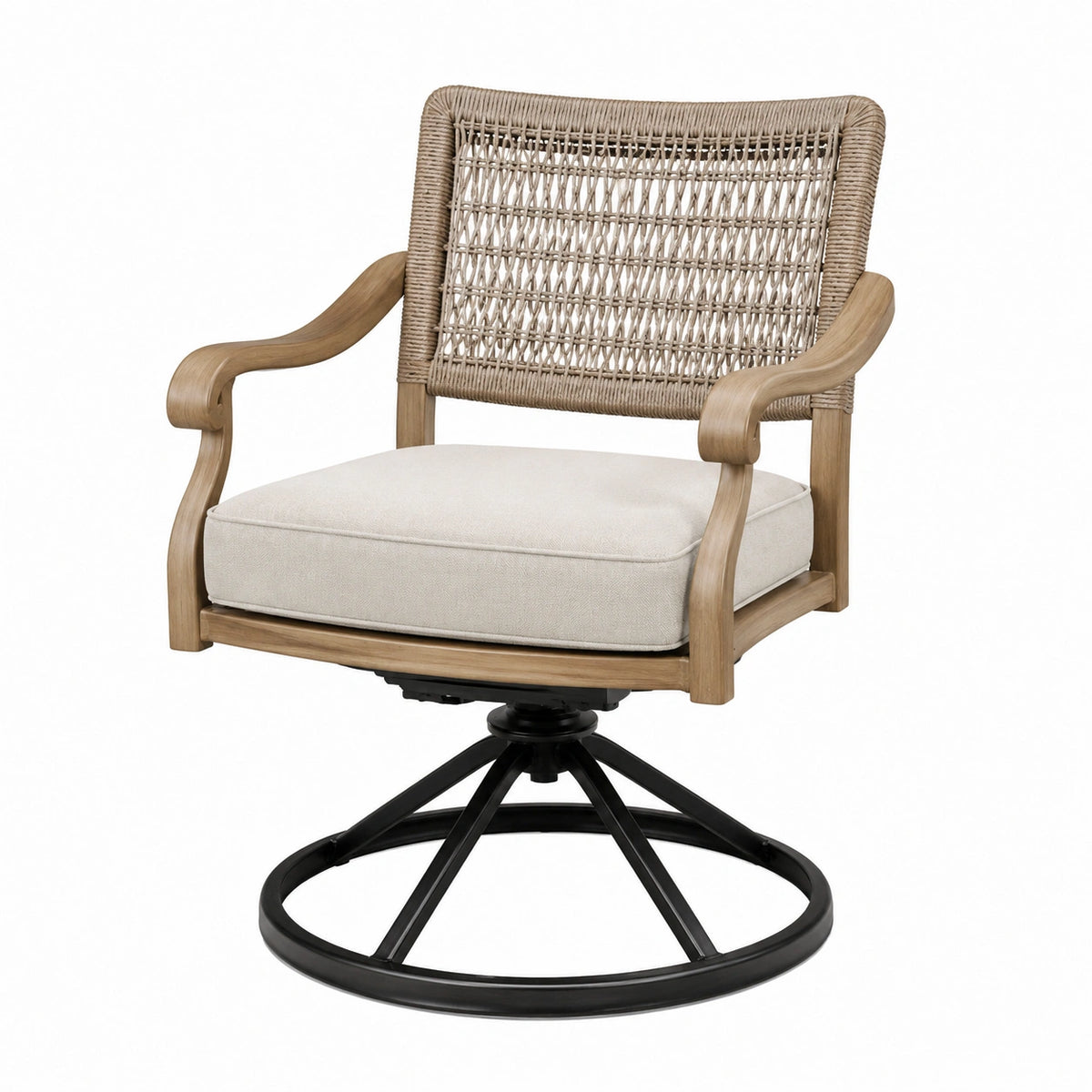 Fauteuil pivotant 76 x 78 x 95 cm en bois naturel beige et métal noir style bohème
