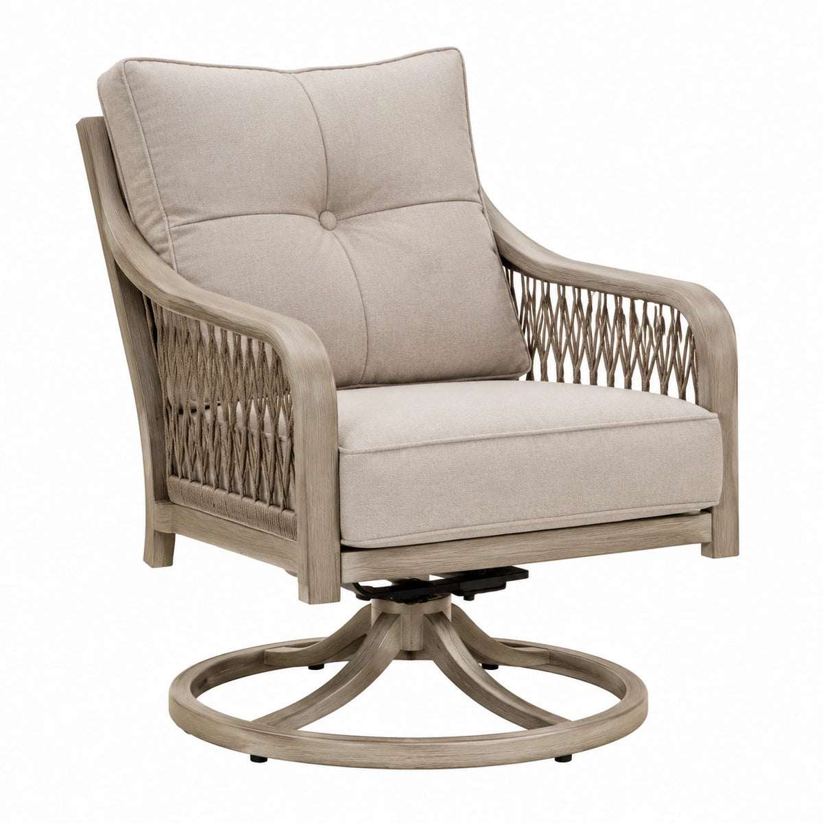 Fauteuil pivotant 78 x 85 x 102 cm en bois beige avec accoudoirs tressés