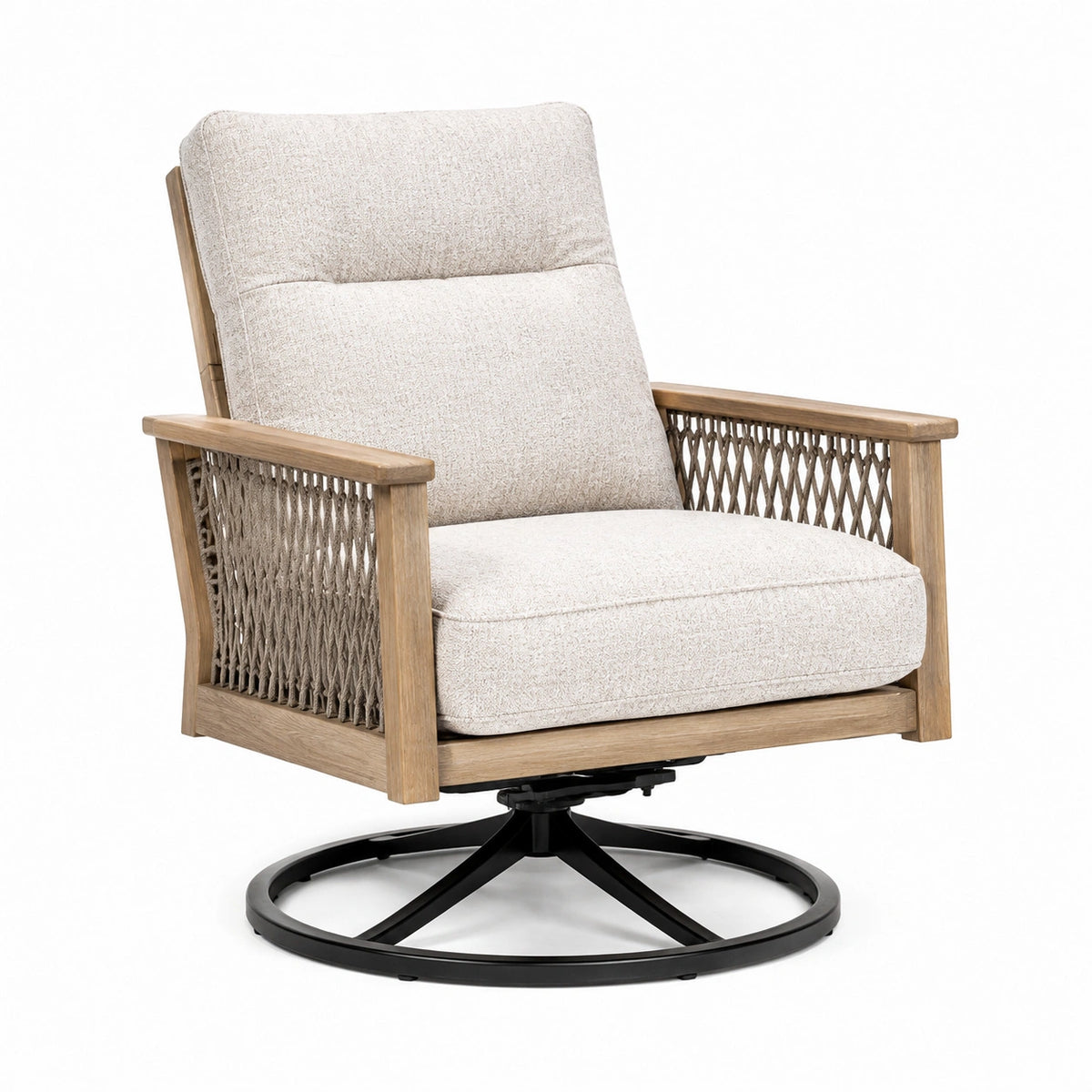 Fauteuil pivotant 82 x 78 x 95 cm en bois beige avec cordage tressé