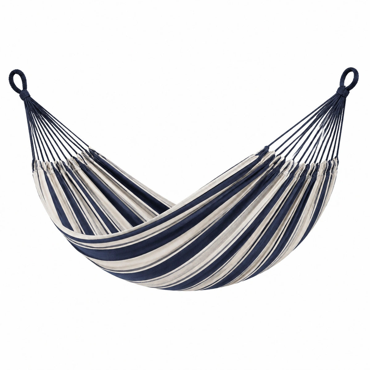 Hamac 200 x 150 cm en tissu bleu marine et blanc à rayures - suspendu extérieur